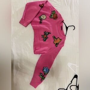 Pink Floral Embroidered Crop Sweatshirt
